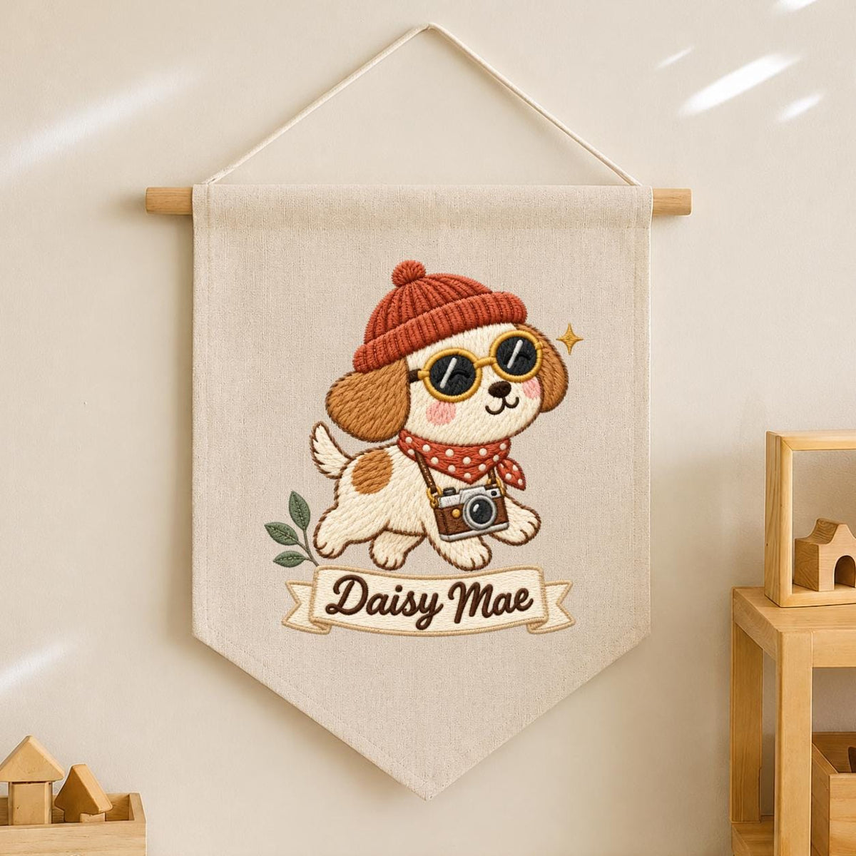 Personalized Dog Banner Daisy Mae Cute Puppy Photographer Wall Hanging Cozy Winter Nursery Decor Camera Lover Gift Handmade Keepsake Pennant