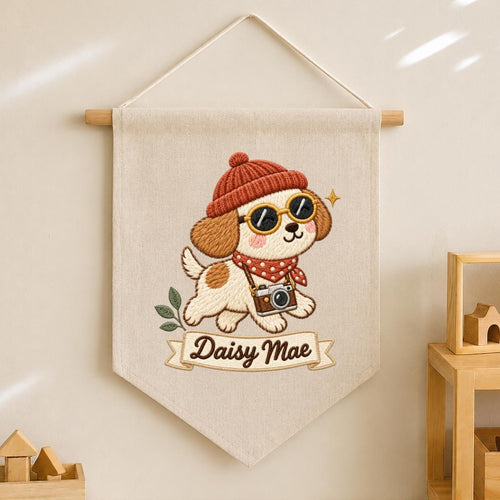 Personalized Dog Banner Daisy Mae Cute Puppy Photographer Wall Hanging Cozy Winter Nursery Decor Camera Lover Gift Handmade Keepsake Pennant