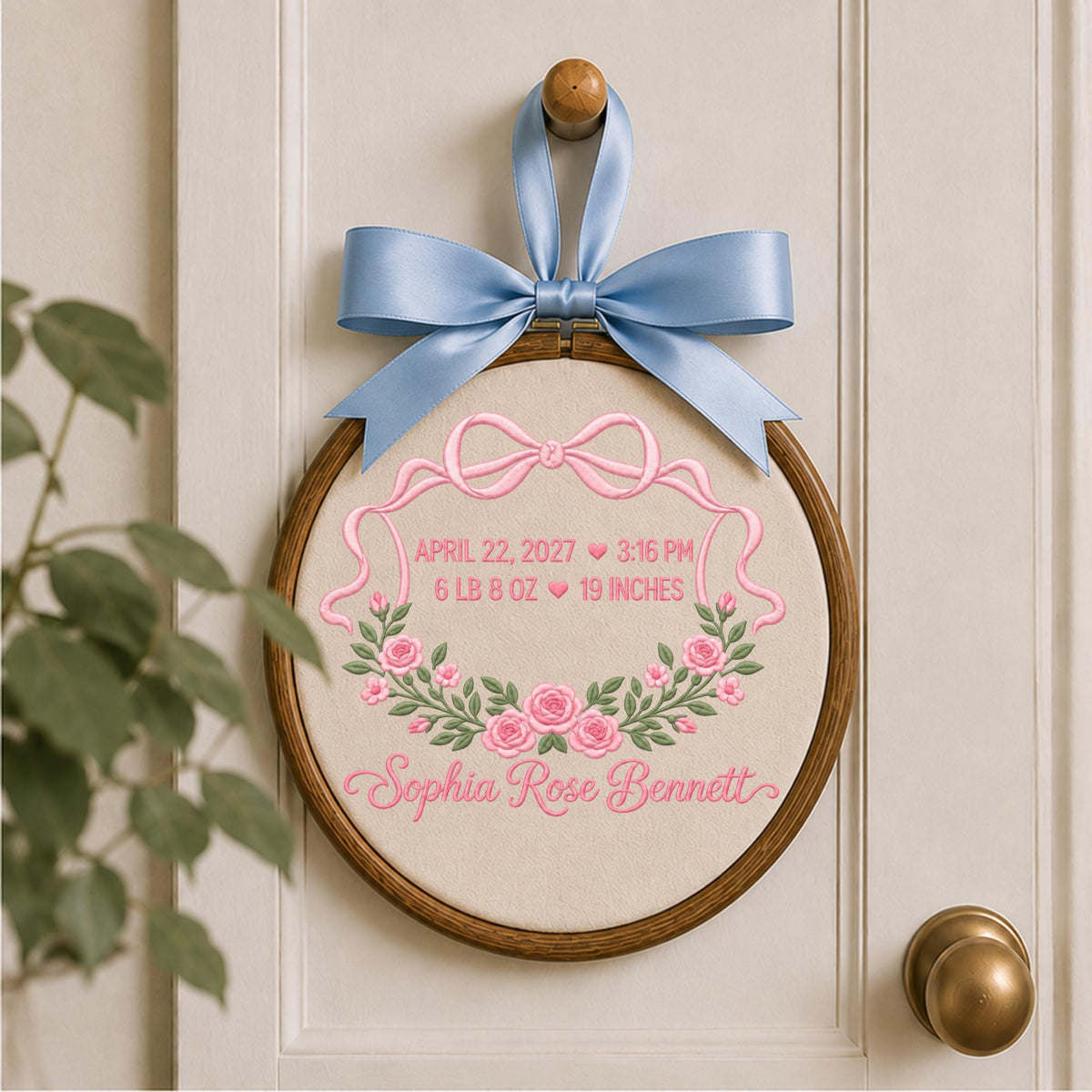 Personalized Baby Birth Stats Embroidered Ornament, Custom Baby Girl Name Keepsake, Floral Birth Announcement, Newborn Gift, Nursery Decor