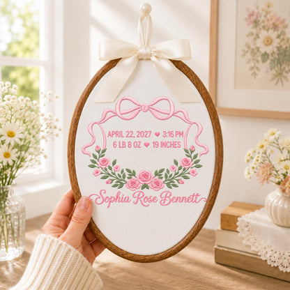 Personalized Baby Birth Stats Embroidered Ornament, Custom Baby Girl Name Keepsake, Floral Birth Announcement, Newborn Gift, Nursery Decor
