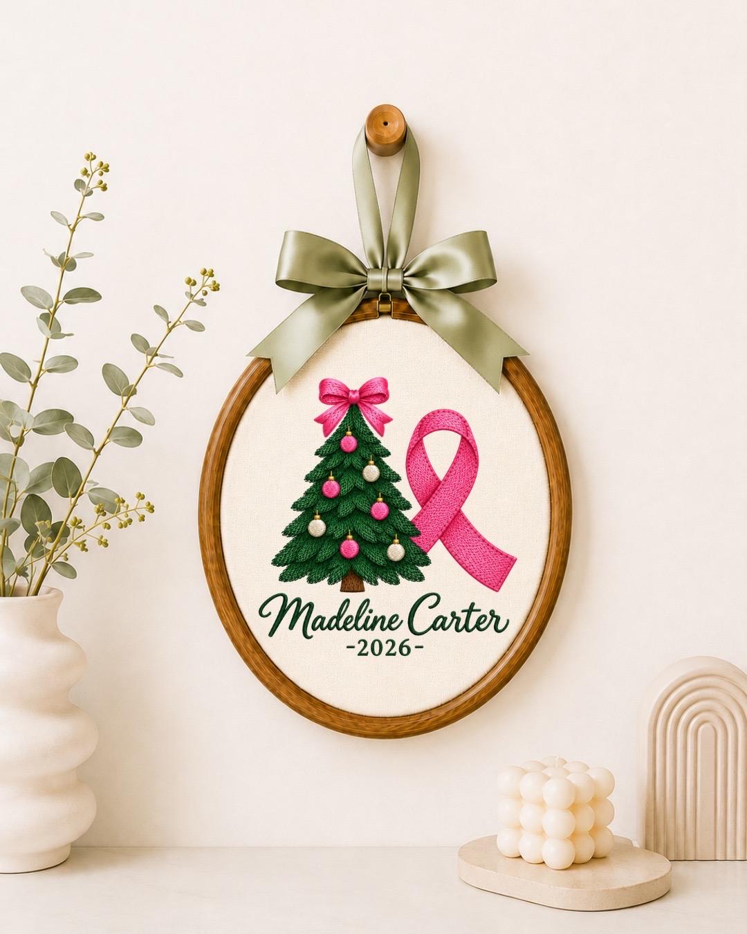 Personalized Breast Cancer Christmas Embroidered Ornament, Pink Ribbon Survivor Ornament, Custom Name Christmas Gift, Breast Cancer Support