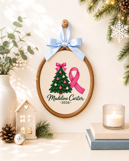 Personalized Breast Cancer Christmas Embroidered Ornament, Pink Ribbon Survivor Ornament, Custom Name Christmas Gift, Breast Cancer Support