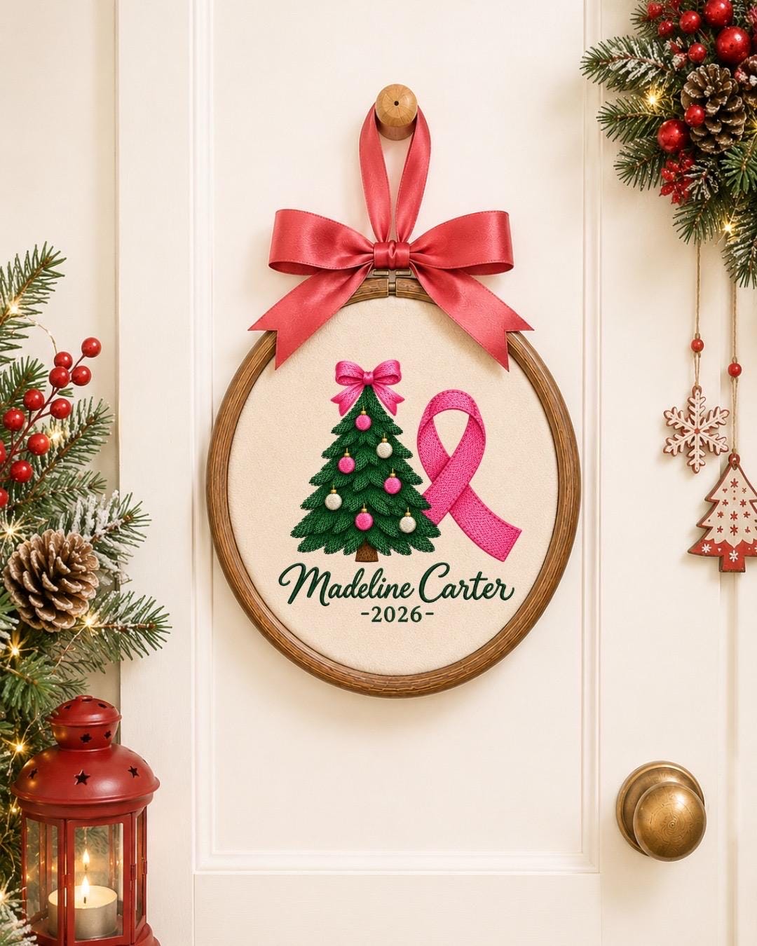 Personalized Breast Cancer Christmas Embroidered Ornament, Pink Ribbon Survivor Ornament, Custom Name Christmas Gift, Breast Cancer Support