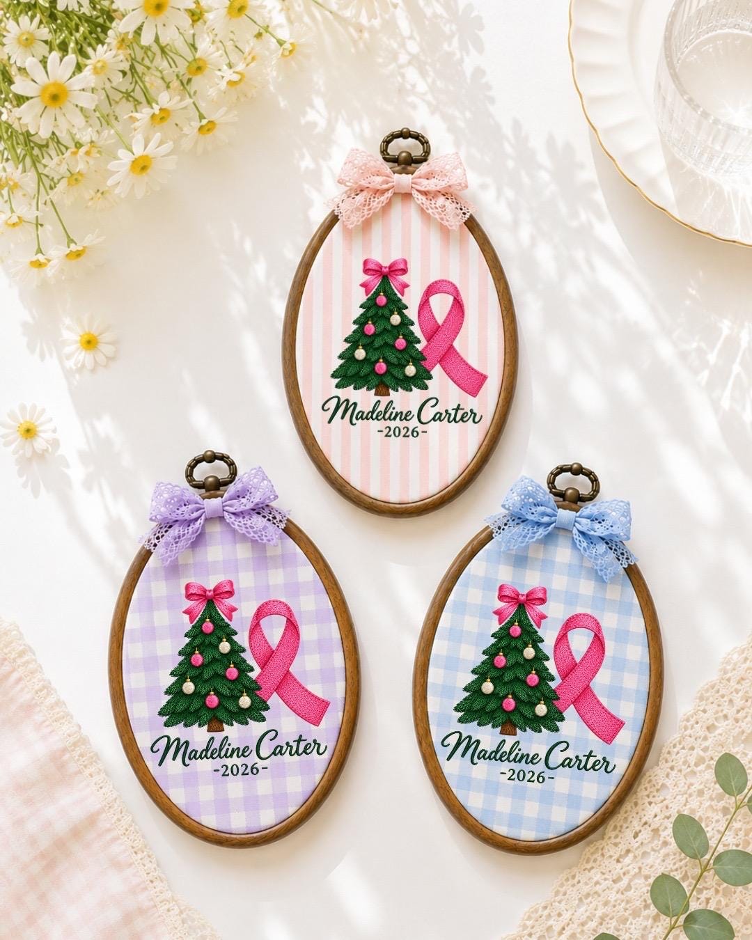 Personalized Breast Cancer Christmas Embroidered Ornament, Pink Ribbon Survivor Ornament, Custom Name Christmas Gift, Breast Cancer Support