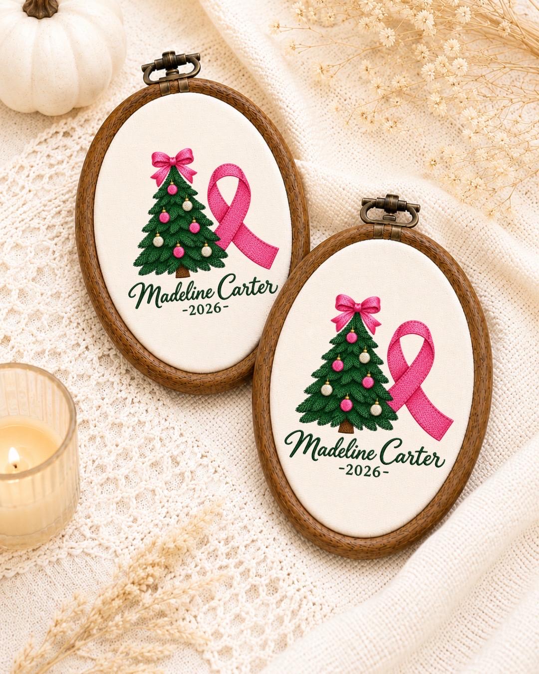 Personalized Breast Cancer Christmas Embroidered Ornament, Pink Ribbon Survivor Ornament, Custom Name Christmas Gift, Breast Cancer Support