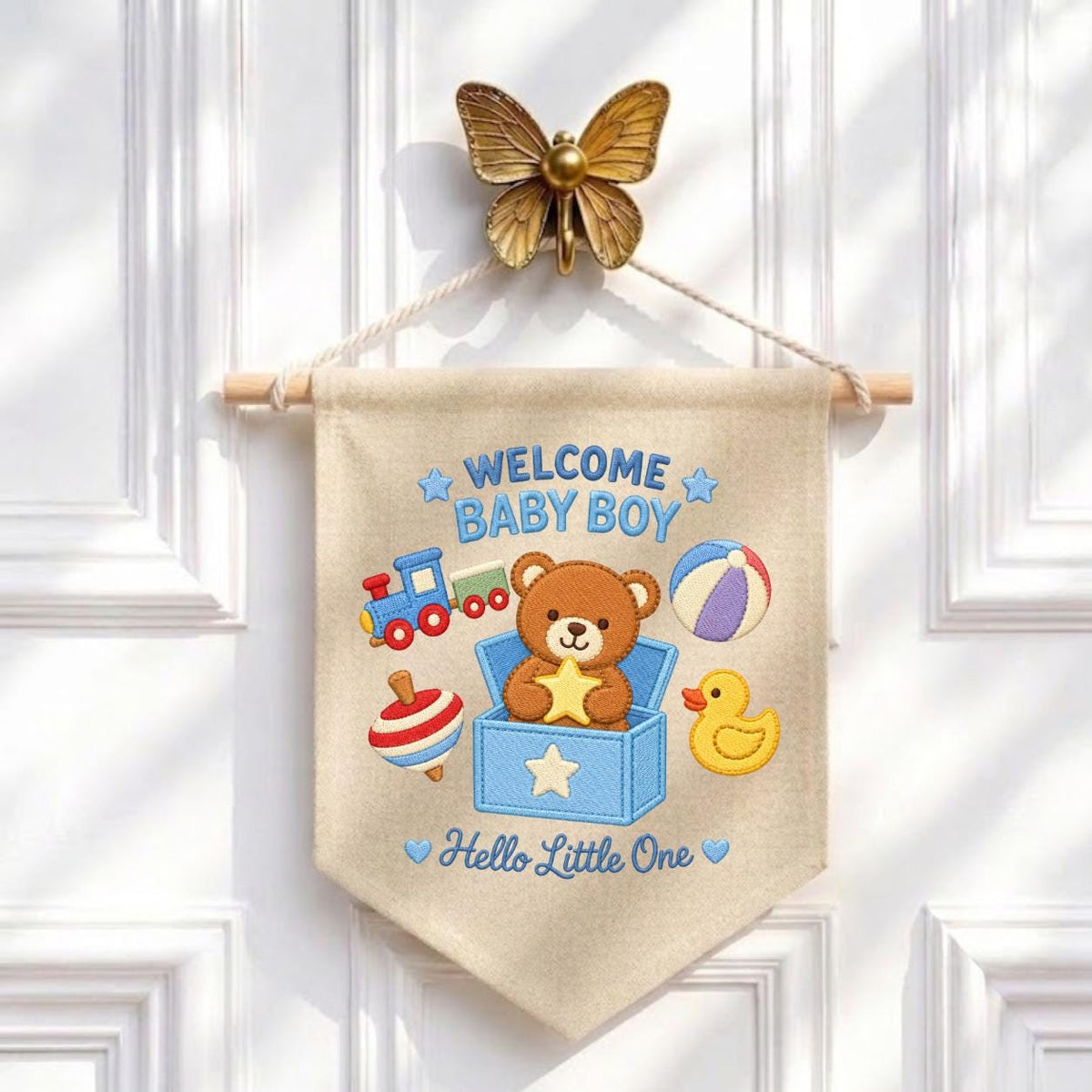 Baby Boy Pennant Banner Teddy Bear Toy Train Duck Nursery Decor Welcome Baby Shower Gift Embroidered Wall Hanging Newborn Room Decoration