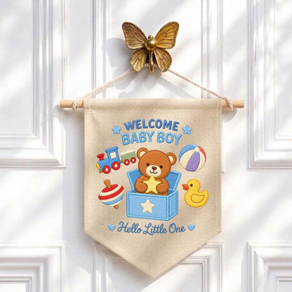 Baby Boy Pennant Banner Teddy Bear Toy Train Duck Nursery Decor Welcome Baby Shower Gift Embroidered Wall Hanging Newborn Room Decoration