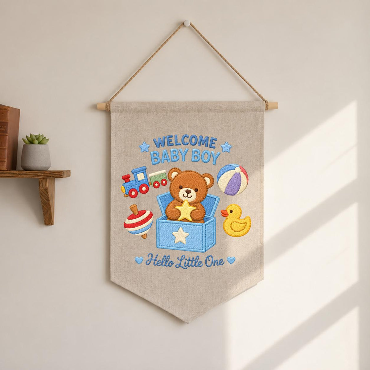 Baby Boy Pennant Banner Teddy Bear Toy Train Duck Nursery Decor Welcome Baby Shower Gift Embroidered Wall Hanging Newborn Room Decoration