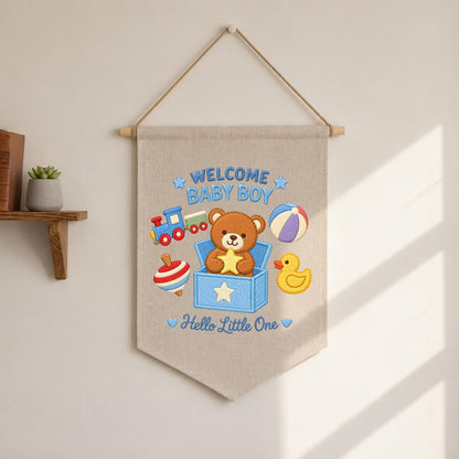 Baby Boy Pennant Banner Teddy Bear Toy Train Duck Nursery Decor Welcome Baby Shower Gift Embroidered Wall Hanging Newborn Room Decoration
