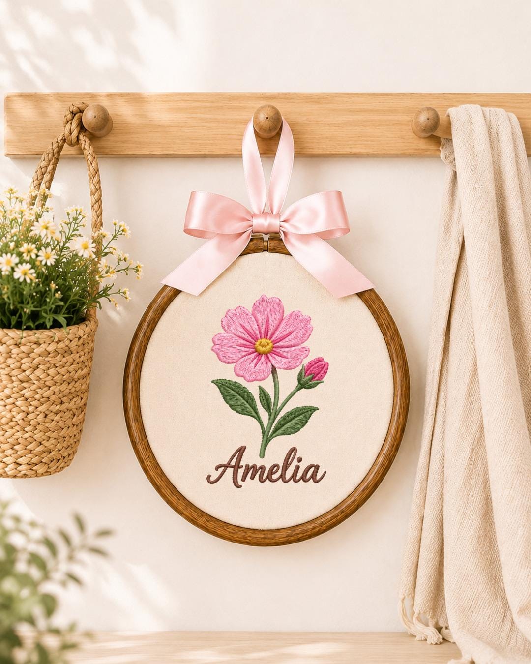 Personalized Birth Flower Embroidered Ornament, Custom Name Floral Hoop, Personalized Flower Keepsake, Birthday Gift, Nursery Wall Decor