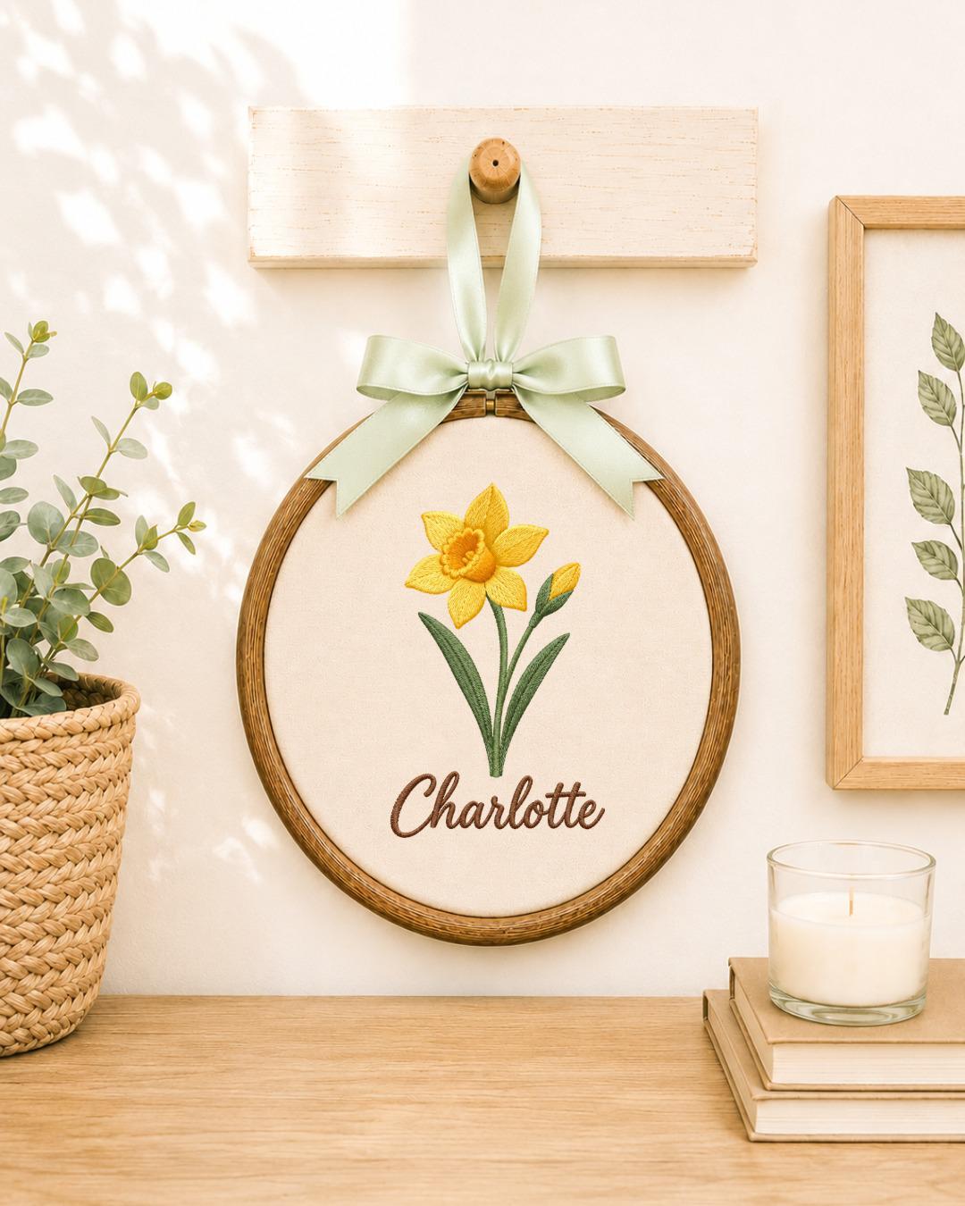 Personalized Birth Flower Embroidered Ornament, Custom Name Floral Hoop, Personalized Flower Keepsake, Birthday Gift, Nursery Wall Decor