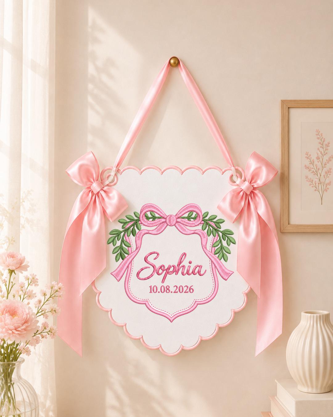 Personalized Baby Name Embroidered Banner, Custom Bow Nursery Wall Hanging, Botanical Name Sign, Newborn Keepsake, Baby Shower Gift