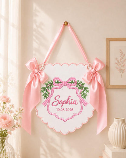 Personalized Baby Name Embroidered Banner, Custom Bow Nursery Wall Hanging, Botanical Name Sign, Newborn Keepsake, Baby Shower Gift