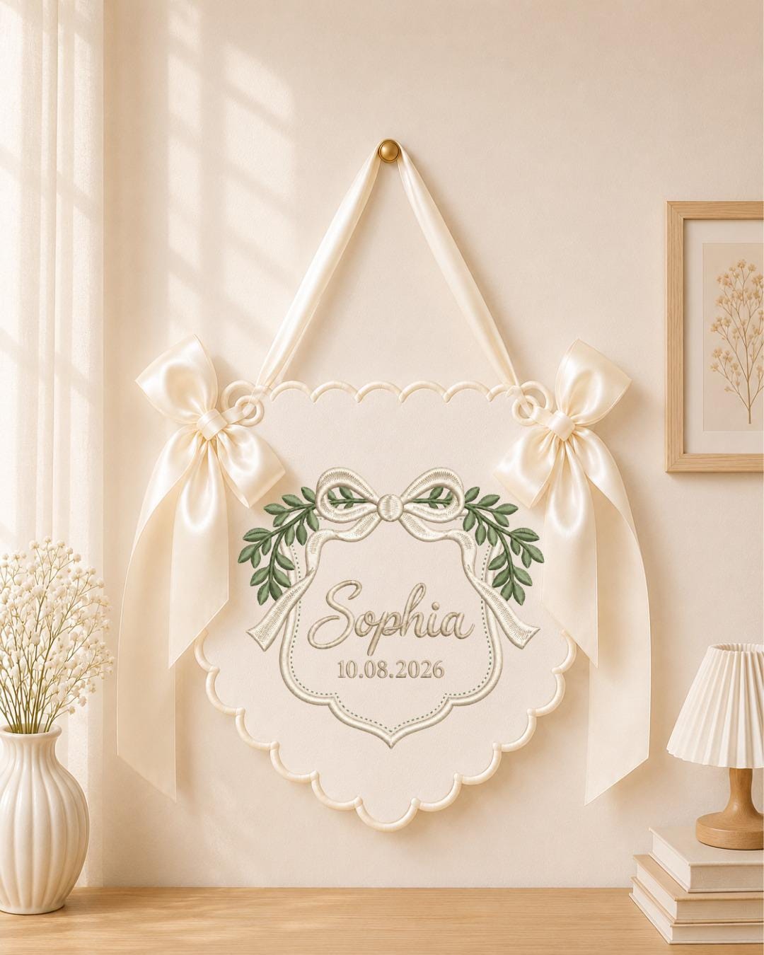 Personalized Baby Name Embroidered Banner, Custom Bow Nursery Wall Hanging, Botanical Name Sign, Newborn Keepsake, Baby Shower Gift