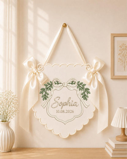 Personalized Baby Name Embroidered Banner, Custom Bow Nursery Wall Hanging, Botanical Name Sign, Newborn Keepsake, Baby Shower Gift