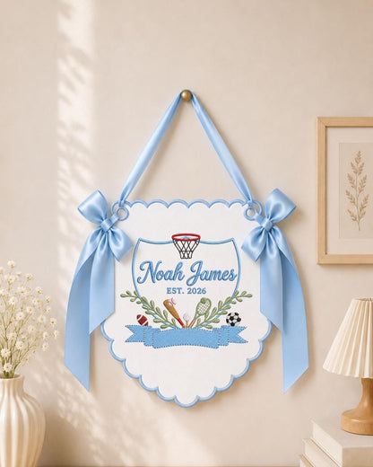 Personalized Sports Baby Name Embroidered Banner, Custom Boys Nursery Wall Hanging, Basketball Football Soccer Baby Gift, Birth Announcement