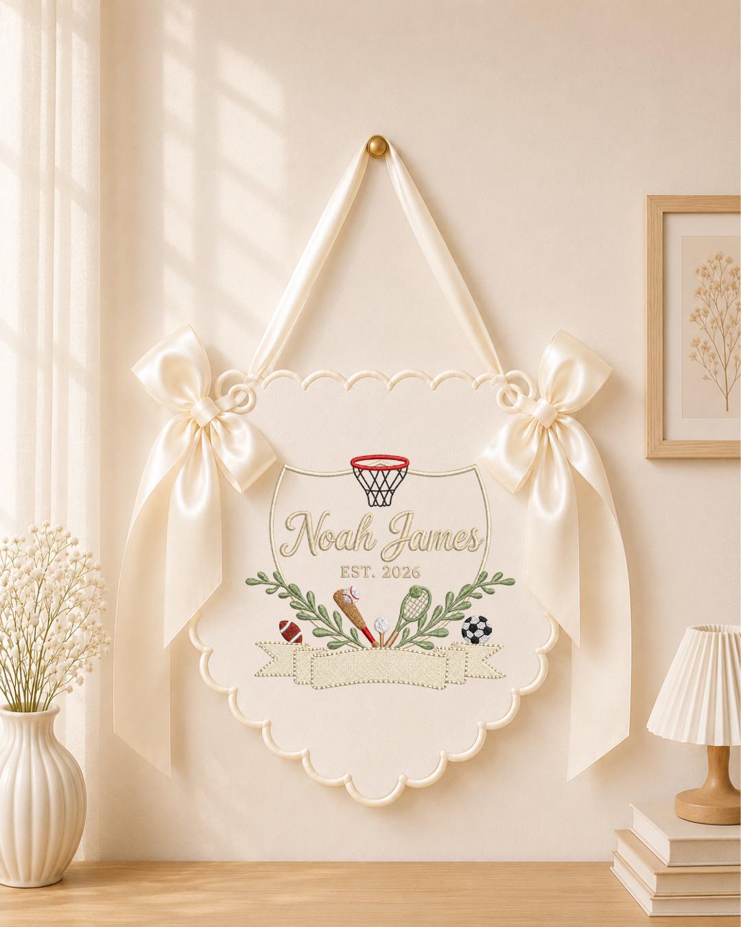 Personalized Sports Baby Name Embroidered Banner, Custom Boys Nursery Wall Hanging, Basketball Football Soccer Baby Gift, Birth Announcement