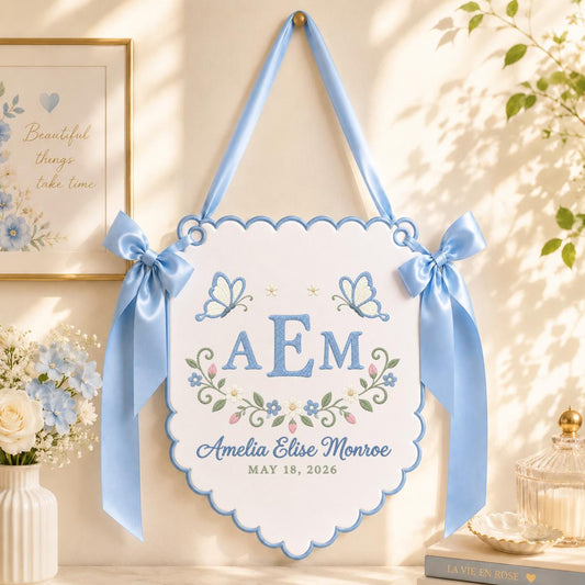 Personalized Newborn Nursery Wall Banner, White Scalloped Pennant with Gold Initials, Butterfly Floral Embroidery Baby Shower Gift