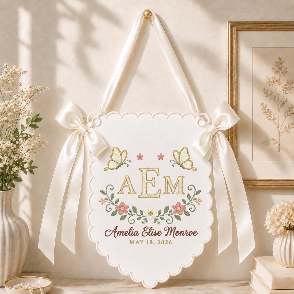 Personalized Newborn Nursery Wall Banner, White Scalloped Pennant with Gold Initials, Butterfly Floral Embroidery Baby Shower Gift