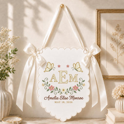 Personalized Newborn Nursery Wall Banner, White Scalloped Pennant with Gold Initials, Butterfly Floral Embroidery Baby Shower Gift
