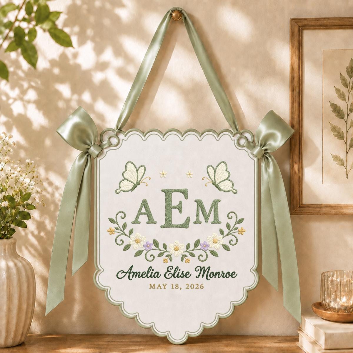 Personalized Newborn Nursery Wall Banner, White Scalloped Pennant with Gold Initials, Butterfly Floral Embroidery Baby Shower Gift