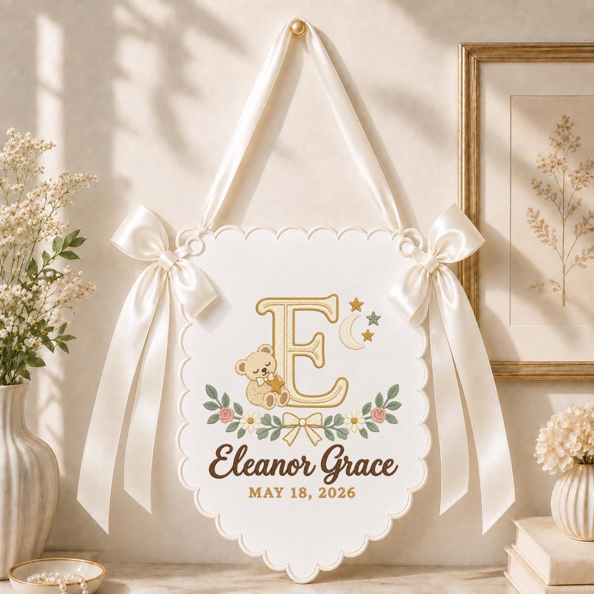 Personalized Baby Name Banner, Lilac Scalloped Nursery Wall Hanging with Bear, Moon and Floral Embroidery, Eleanor Grace Keepsake Gift