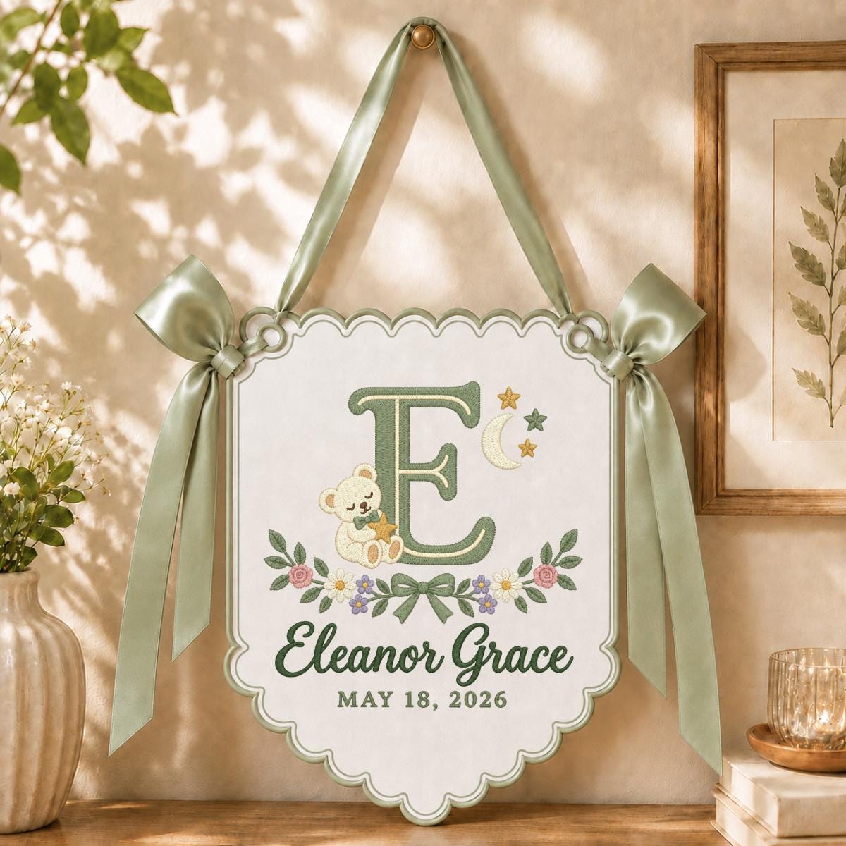 Personalized Baby Name Banner, Lilac Scalloped Nursery Wall Hanging with Bear, Moon and Floral Embroidery, Eleanor Grace Keepsake Gift