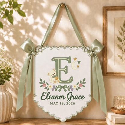 Personalized Baby Name Banner, Lilac Scalloped Nursery Wall Hanging with Bear, Moon and Floral Embroidery, Eleanor Grace Keepsake Gift