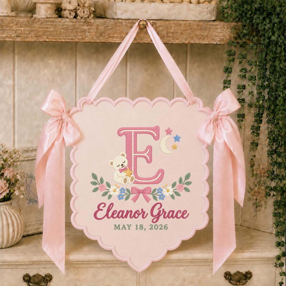 Personalized Baby Name Banner, Lilac Scalloped Nursery Wall Hanging with Bear, Moon and Floral Embroidery, Eleanor Grace Keepsake Gift