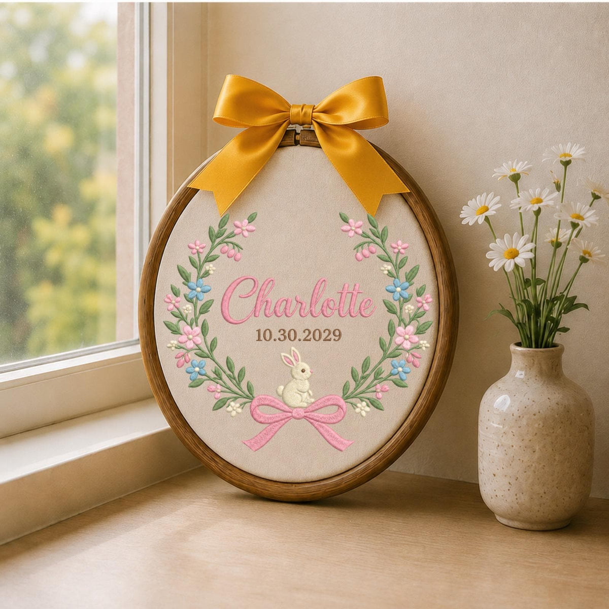 Personalized Bunny Embroidered Ornament, Custom Baby Girl Name & Date Floral Hoop, Nursery Wall Decor, Newborn Keepsake, Baby Shower Gift