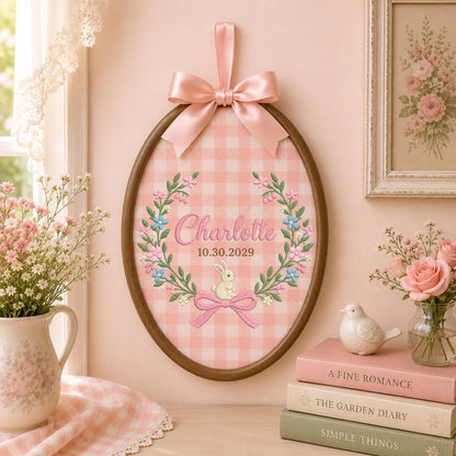 Personalized Bunny Embroidered Ornament, Custom Baby Girl Name & Date Floral Hoop, Nursery Wall Decor, Newborn Keepsake, Baby Shower Gift