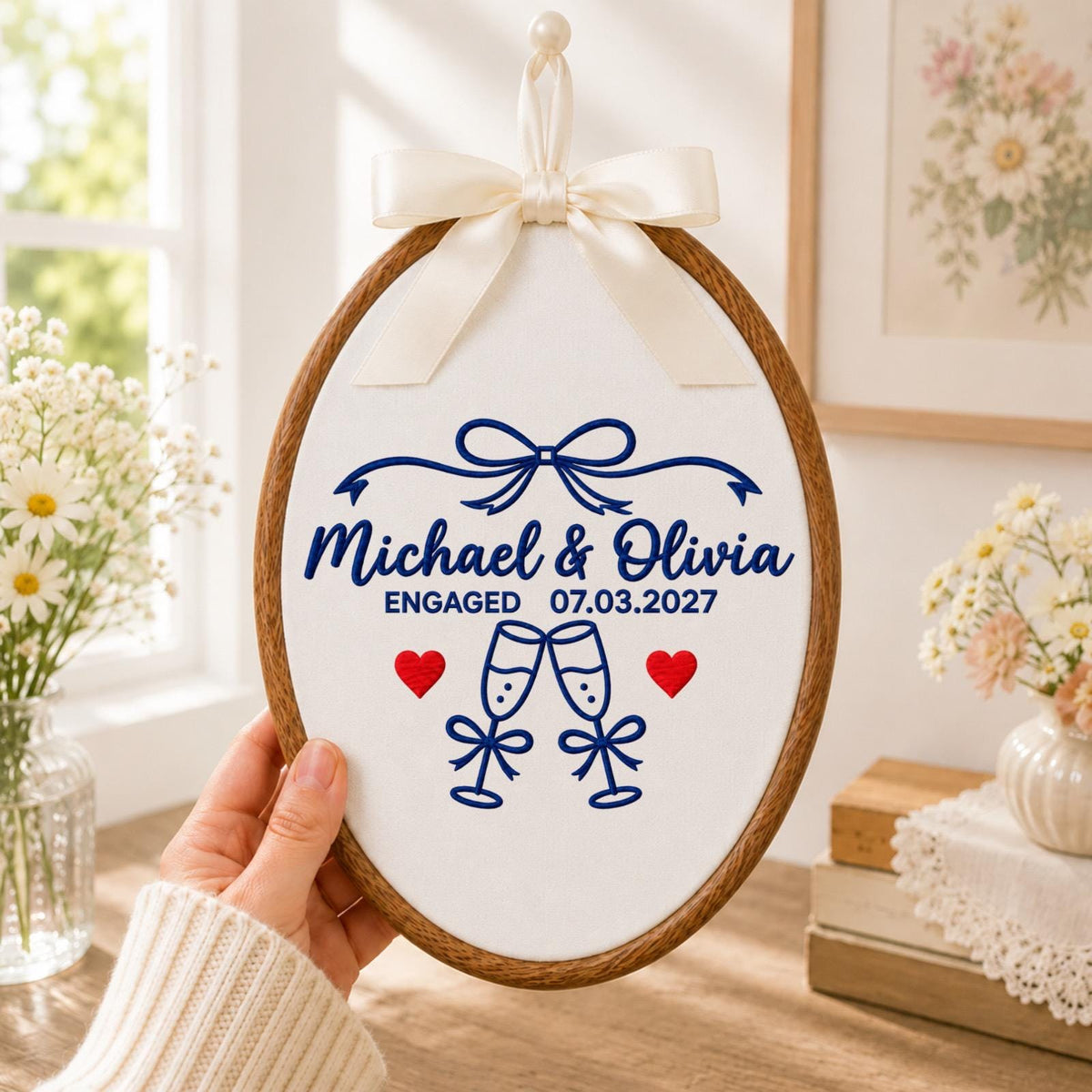Personalized Engagement Embroidered Ornament, Custom Couple Names & Engagement Date Hoop, Engaged Couple Gift, Wedding Keepsake, Fiancée