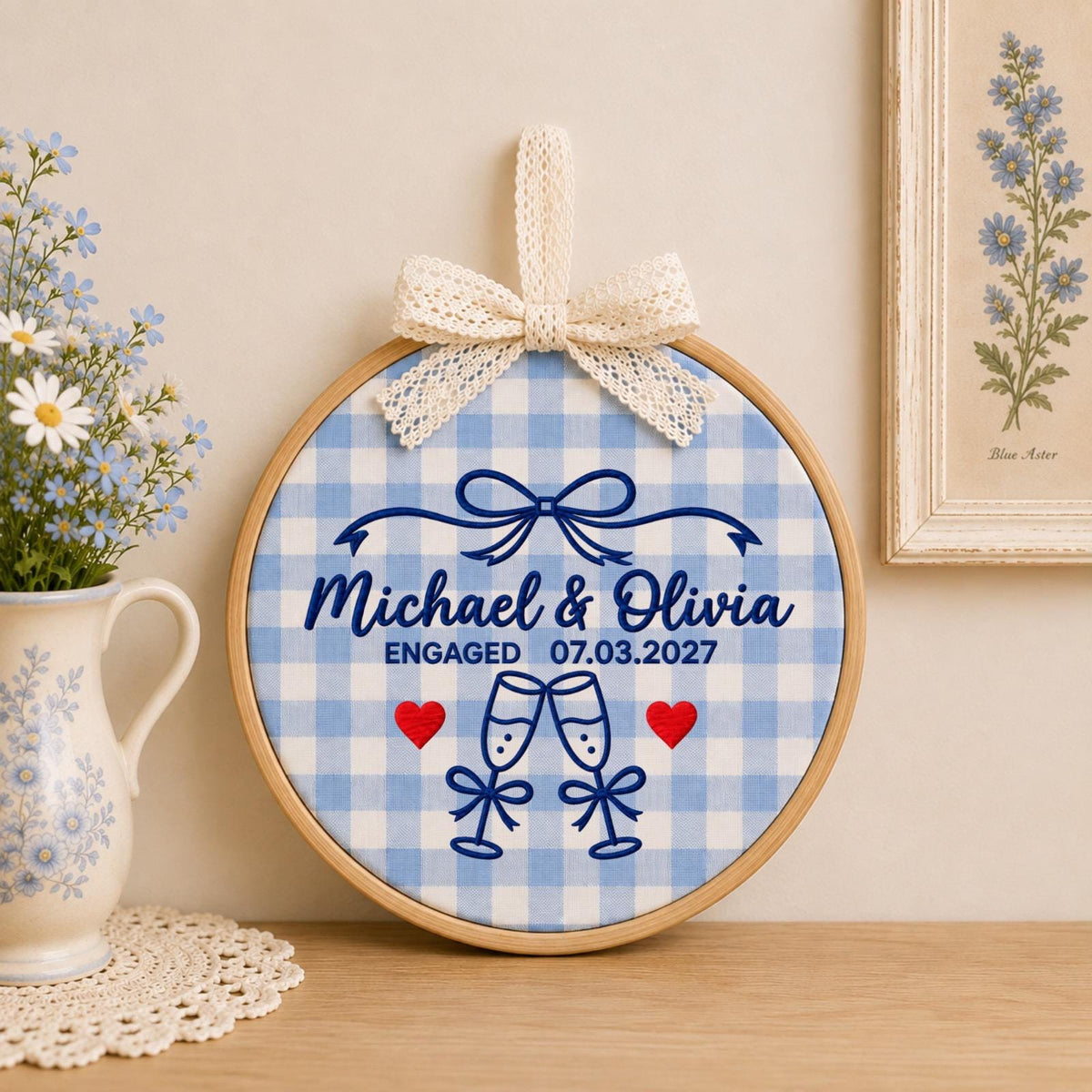 Personalized Engagement Embroidered Ornament, Custom Couple Names & Engagement Date Hoop, Engaged Couple Gift, Wedding Keepsake, Fiancée