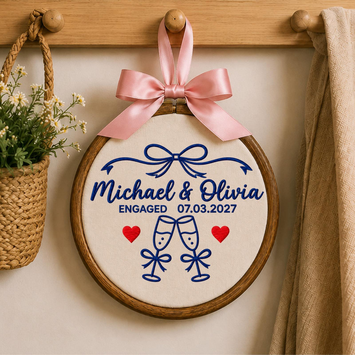 Personalized Engagement Embroidered Ornament, Custom Couple Names & Engagement Date Hoop, Engaged Couple Gift, Wedding Keepsake, Fiancée