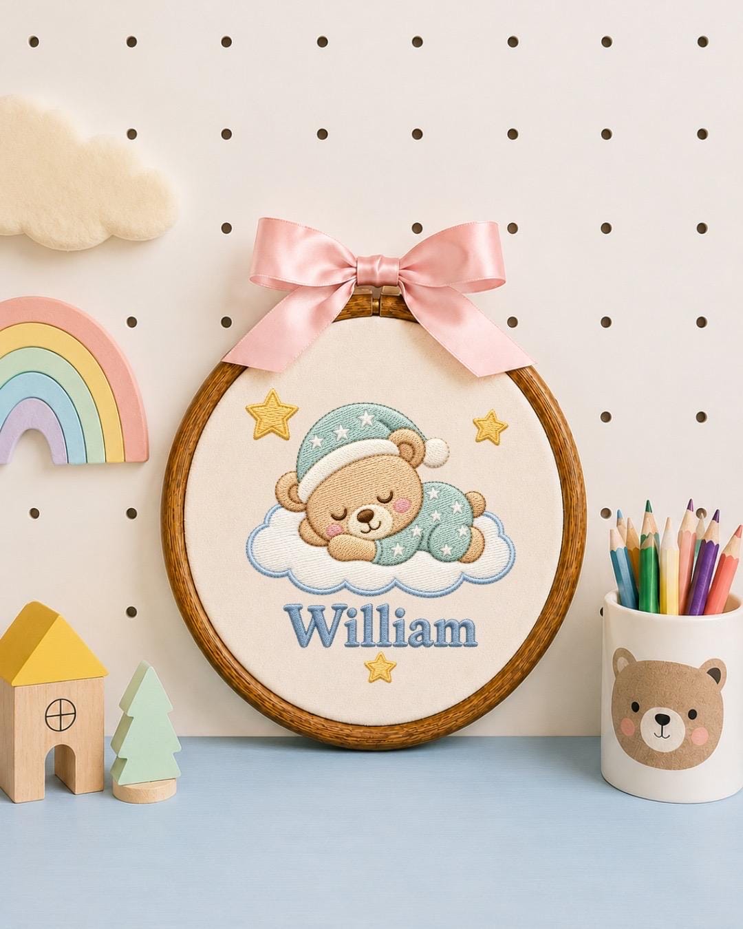 Personalized Baby Bear Embroidered Ornament, Custom Baby Name Nursery Decor, Sleeping Teddy Bear Keepsake, Newborn Baby Shower Gift