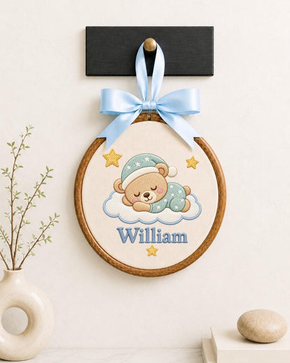 Personalized Baby Bear Embroidered Ornament, Custom Baby Name Nursery Decor, Sleeping Teddy Bear Keepsake, Newborn Baby Shower Gift