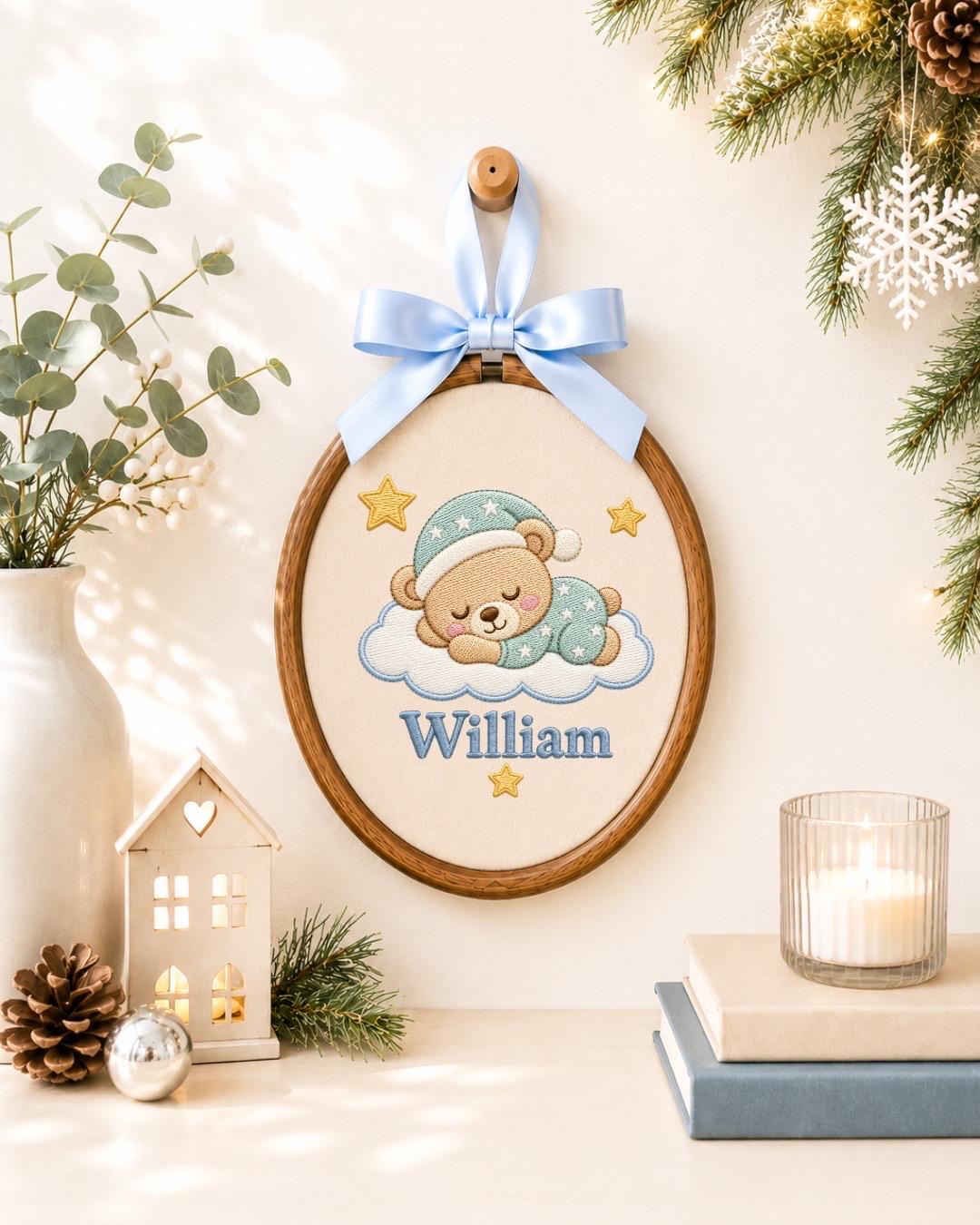 Personalized Baby Bear Embroidered Ornament, Custom Baby Name Nursery Decor, Sleeping Teddy Bear Keepsake, Newborn Baby Shower Gift