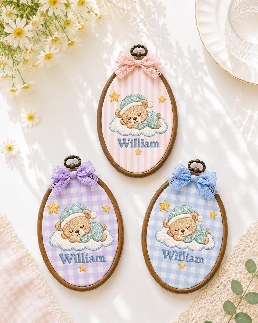Personalized Baby Bear Embroidered Ornament, Custom Baby Name Nursery Decor, Sleeping Teddy Bear Keepsake, Newborn Baby Shower Gift