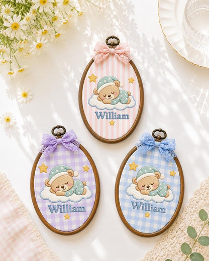 Personalized Baby Bear Embroidered Ornament, Custom Baby Name Nursery Decor, Sleeping Teddy Bear Keepsake, Newborn Baby Shower Gift