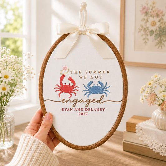 Personalized Summer Engagement Embroidered Ornament, Custom Engaged Couple Names, Crab Engagement Gift, Beach Proposal Keepsake
