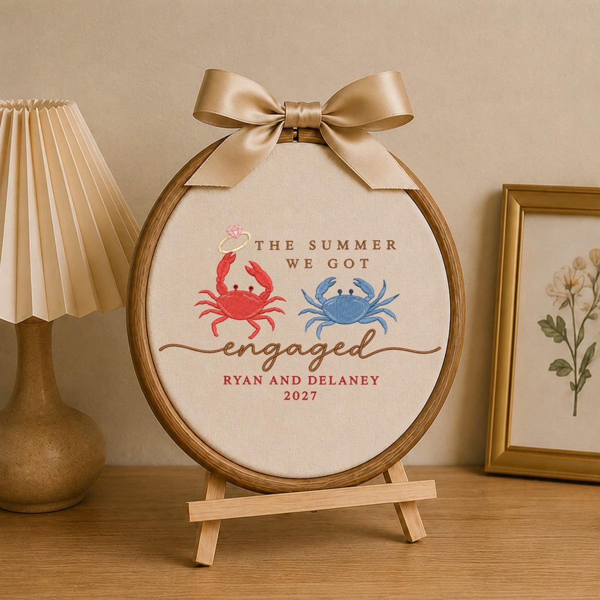 Personalized Summer Engagement Embroidered Ornament, Custom Engaged Couple Names, Crab Engagement Gift, Beach Proposal Keepsake