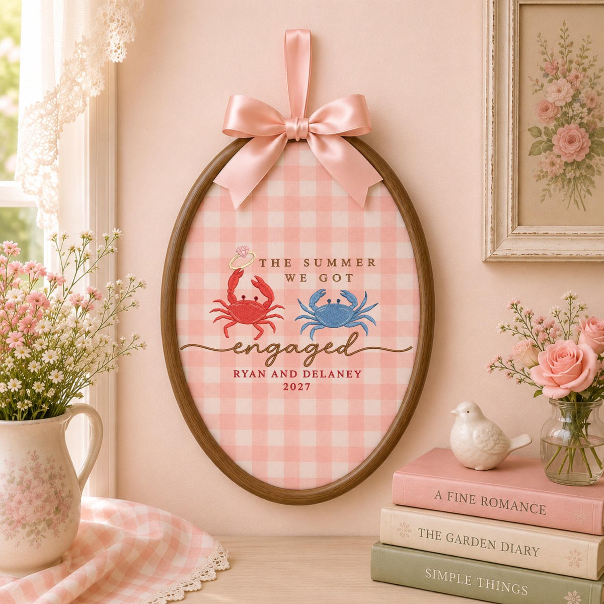 Personalized Summer Engagement Embroidered Ornament, Custom Engaged Couple Names, Crab Engagement Gift, Beach Proposal Keepsake