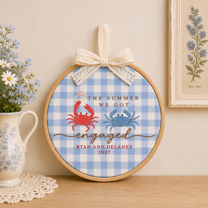Personalized Summer Engagement Embroidered Ornament, Custom Engaged Couple Names, Crab Engagement Gift, Beach Proposal Keepsake