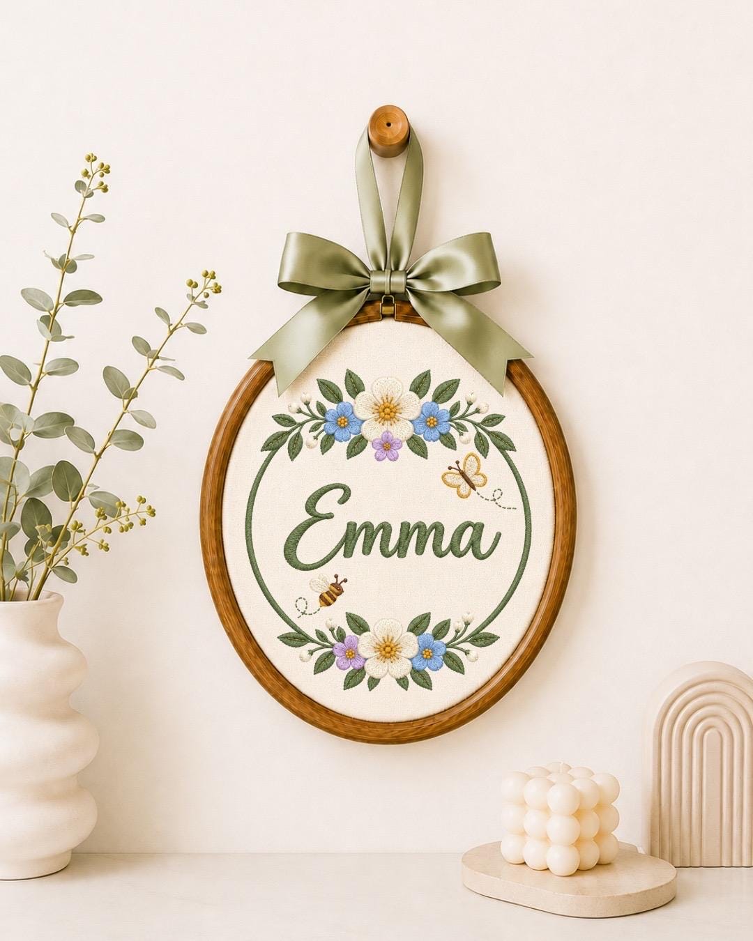 Personalized Floral Embroidered Ornament, Custom Baby Name Flower Hoop, Butterfly Bee Nursery Decor, Baby Girl Name Sign, Baby Shower Gift
