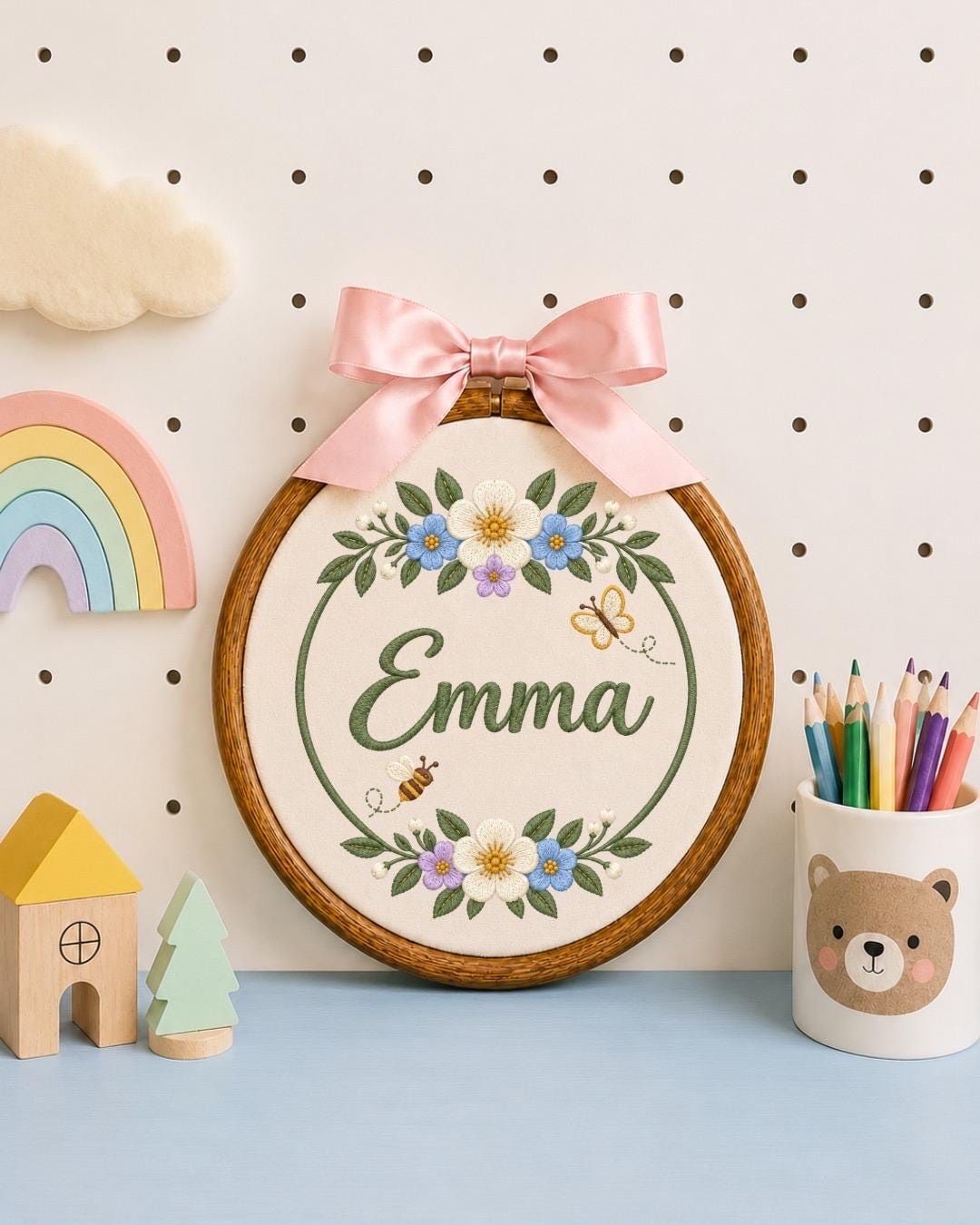 Personalized Floral Embroidered Ornament, Custom Baby Name Flower Hoop, Butterfly Bee Nursery Decor, Baby Girl Name Sign, Baby Shower Gift