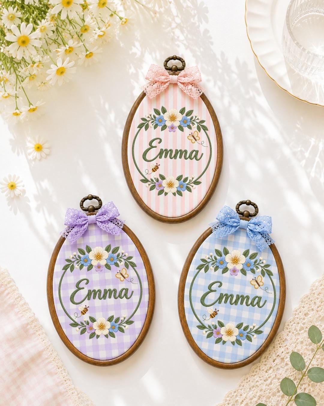 Personalized Floral Embroidered Ornament, Custom Baby Name Flower Hoop, Butterfly Bee Nursery Decor, Baby Girl Name Sign, Baby Shower Gift