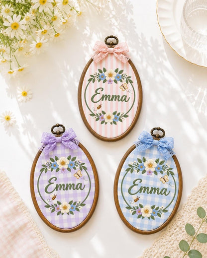 Personalized Floral Embroidered Ornament, Custom Baby Name Flower Hoop, Butterfly Bee Nursery Decor, Baby Girl Name Sign, Baby Shower Gift