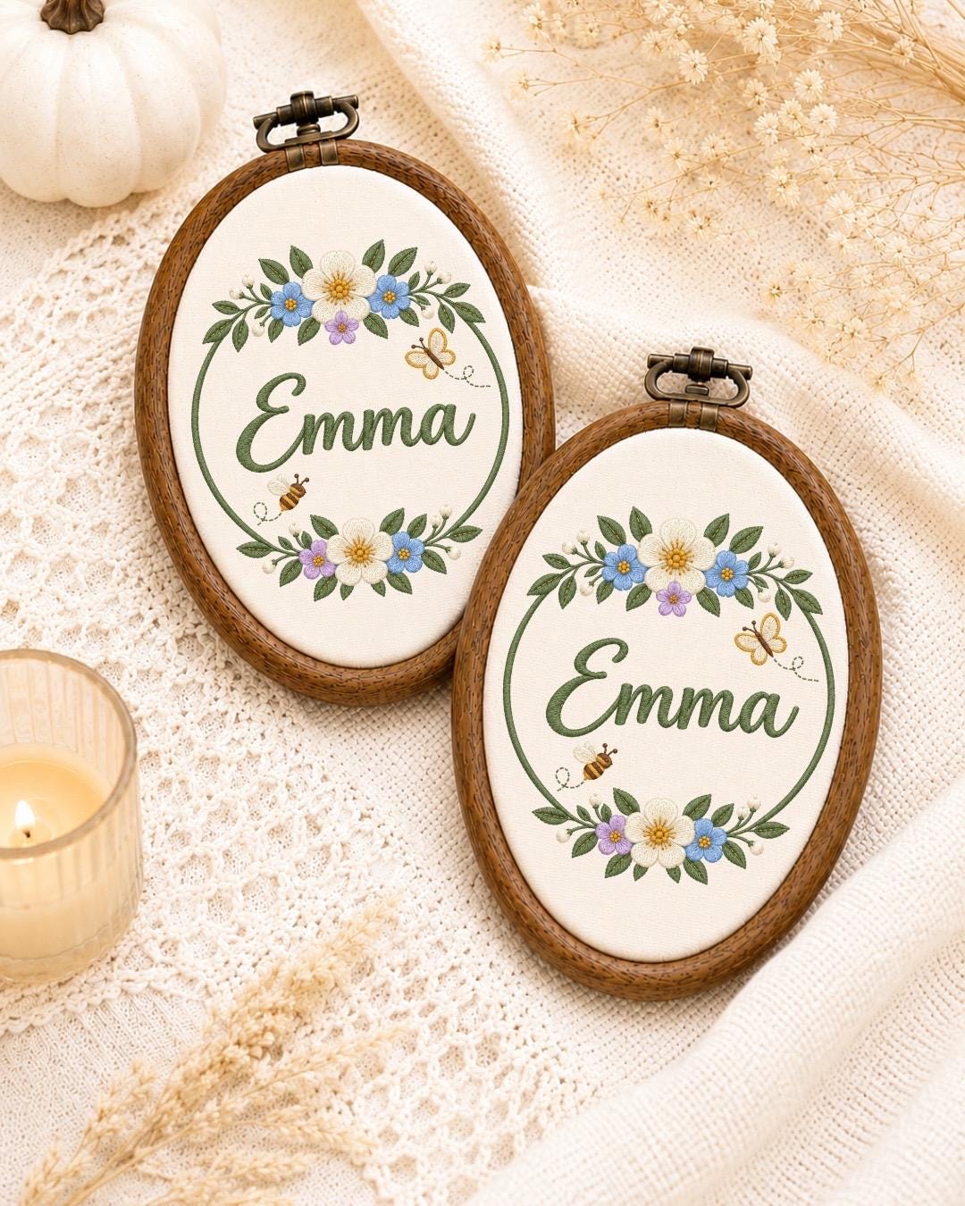 Personalized Floral Embroidered Ornament, Custom Baby Name Flower Hoop, Butterfly Bee Nursery Decor, Baby Girl Name Sign, Baby Shower Gift