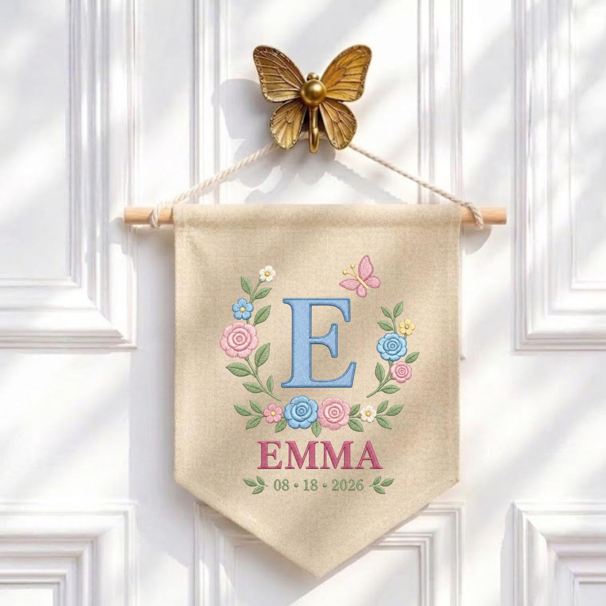Personalized Baby Name Banner, Blue E Monogram and Emma Name, Floral Embroidered Nursery Wall Hanging, Custom Newborn Keepsake Gift
