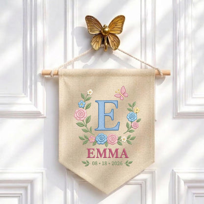 Personalized Baby Name Banner, Blue E Monogram and Emma Name, Floral Embroidered Nursery Wall Hanging, Custom Newborn Keepsake Gift